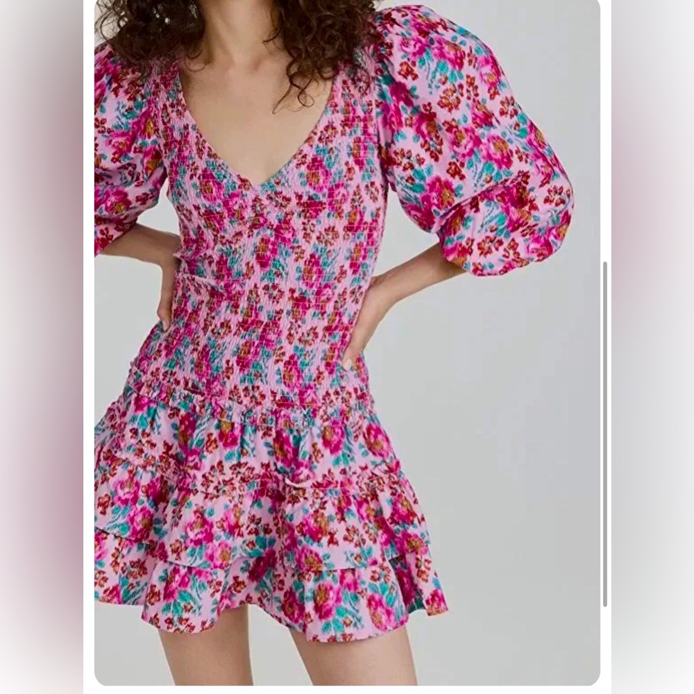 Smocked Puff-Sleeve Floral Mini Dress - Pink Floral